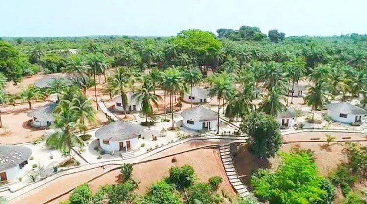 Aerial view of eco-lodge bungalows